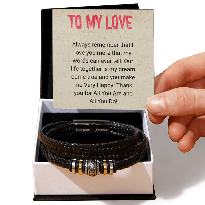 Love You Forever Men's Leather and Steel Bracelet, Gift for him